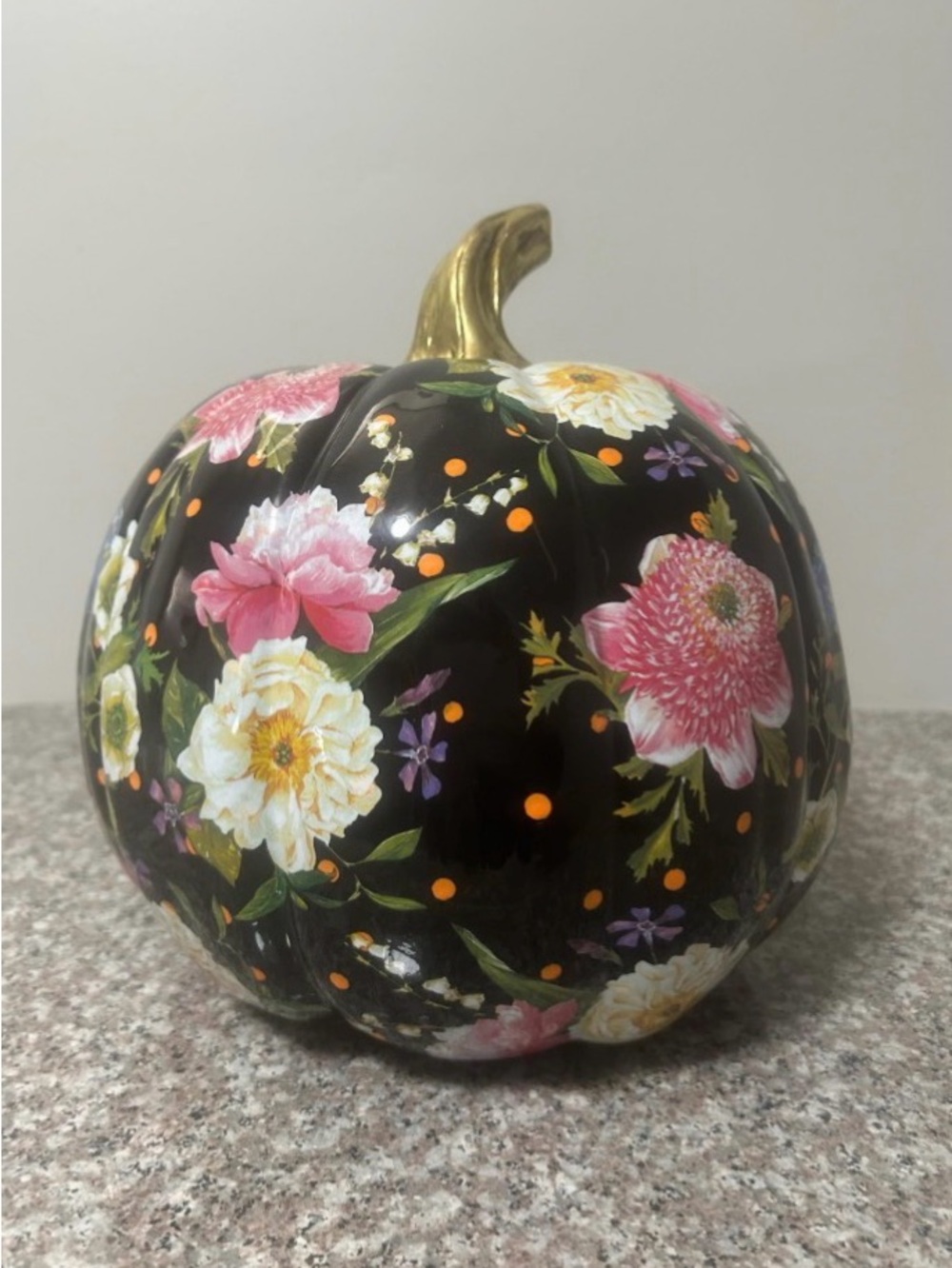 Mackenzie Childs Floral Black Decorative Pumpkin with Gold Stem